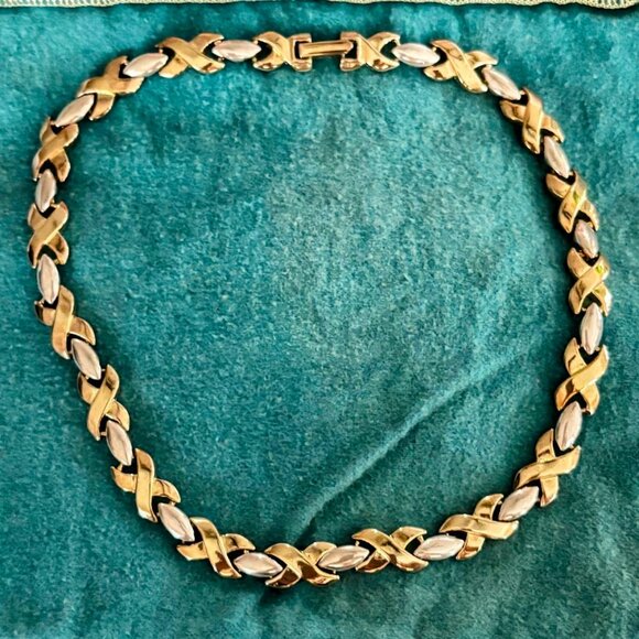 Vintage XO Collar Necklace Two Tone Linked Chain Chunky 1980s 16” Hugs & Kisses - Picture 1 of 12
